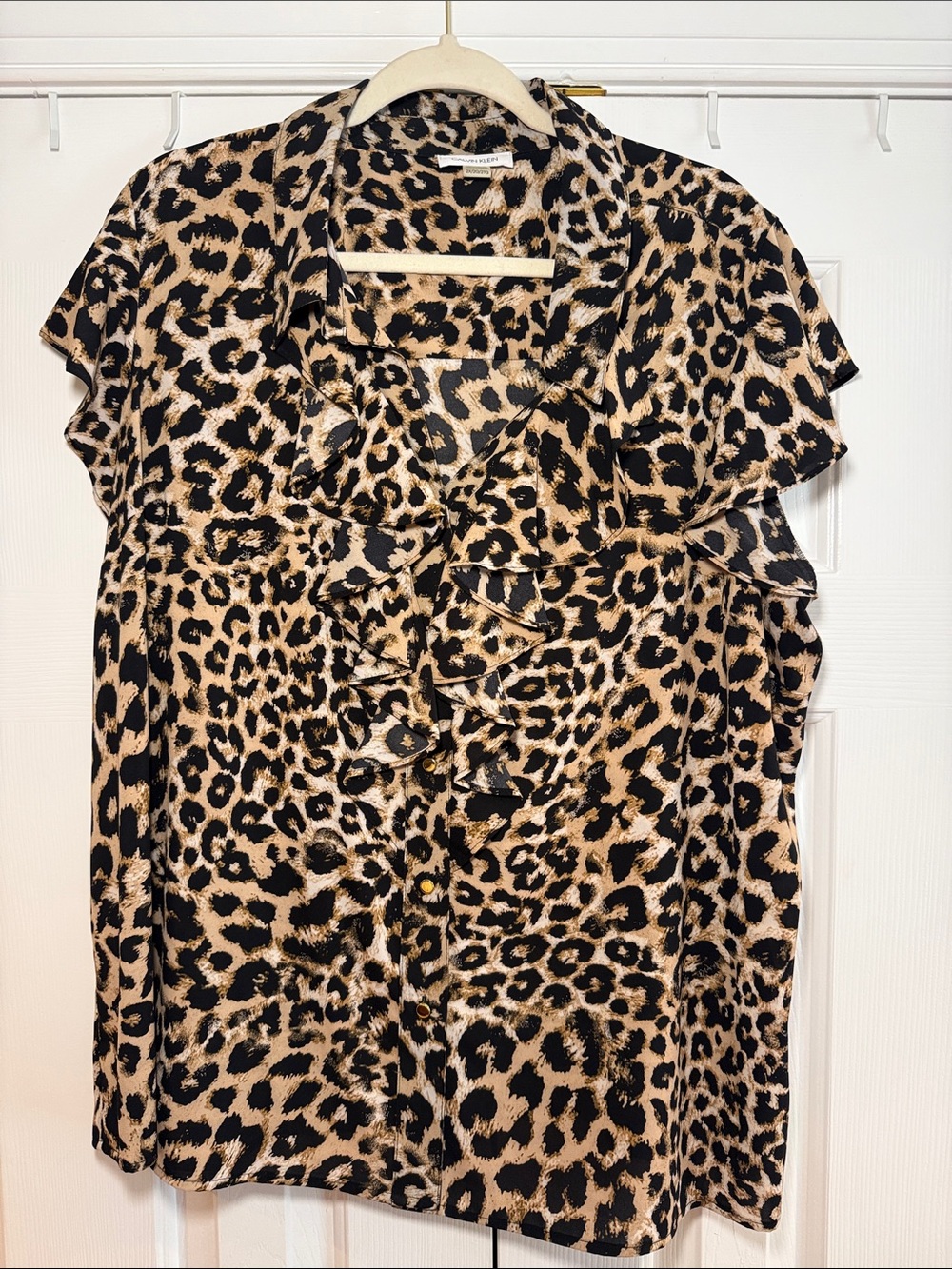 Calvin Klein Leopard Print Ruffle Front Blouse - Beige/Black